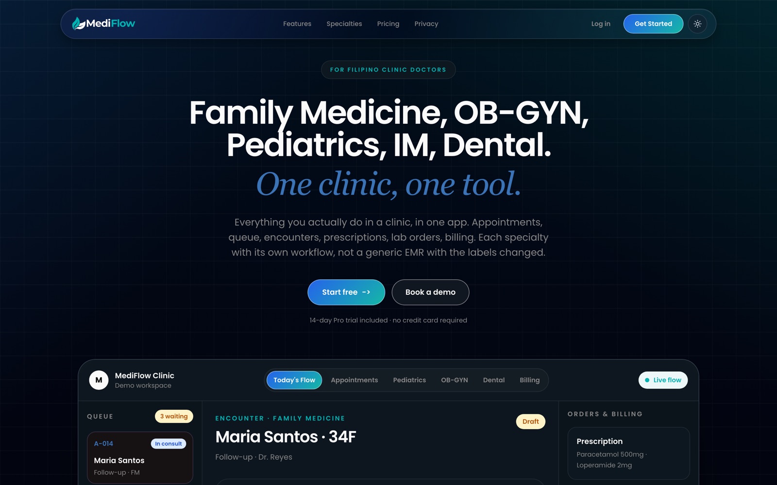 MediFlow clinic software homepage