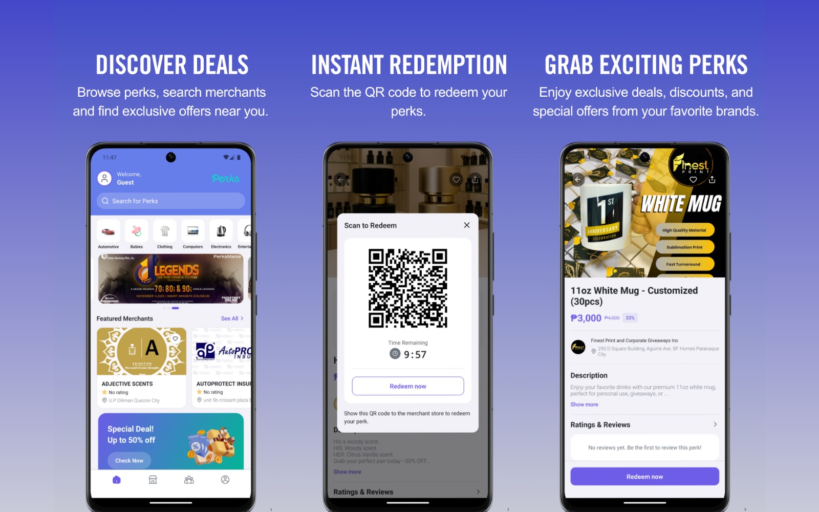 Perksmania app screens: discover deals, QR redemption and perk details